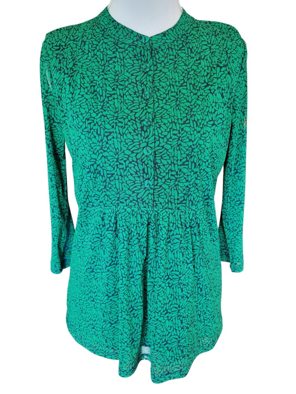 Liz Claiborne Navy Green Abstract Floral Print High Neck Button Up Blouse